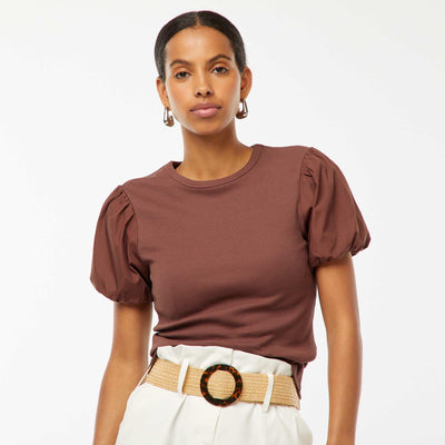 Tee-shirt cintré bi-matière avec manches bouffantes MARRON