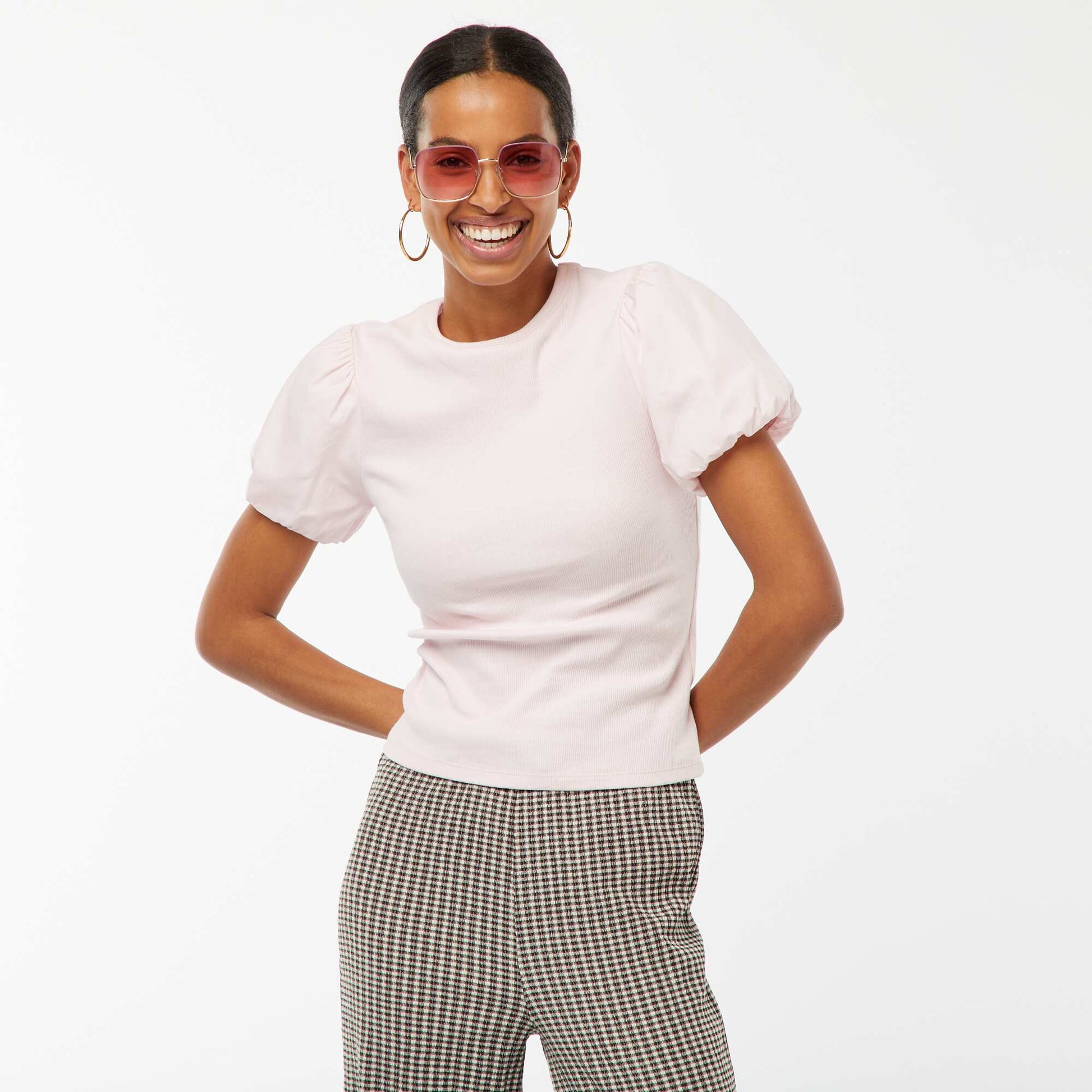 Tee-shirt cintré bi-matière avec manches bouffantes ROSE