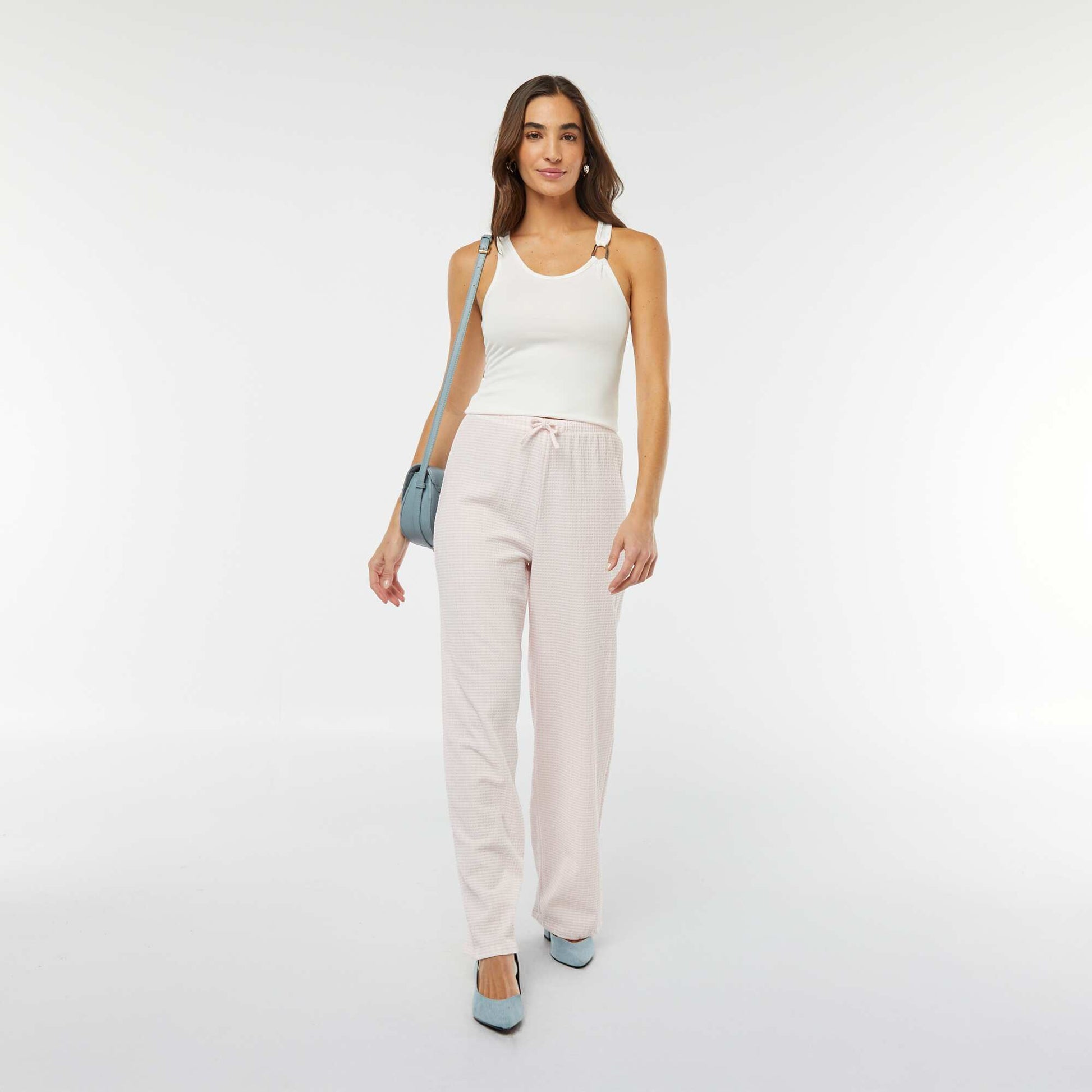 Pantalon jambes larges avec imprimé vichy ROSE