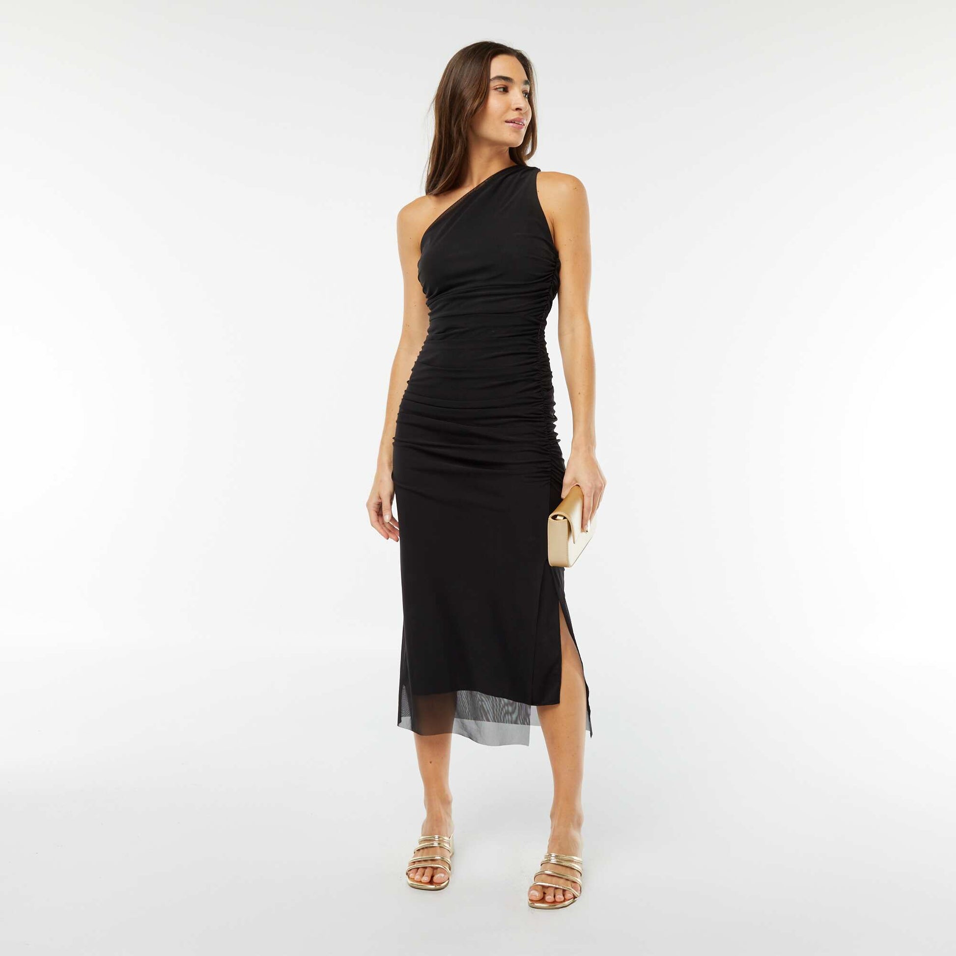 Robe asymétrique et drapée en mesh NOIR