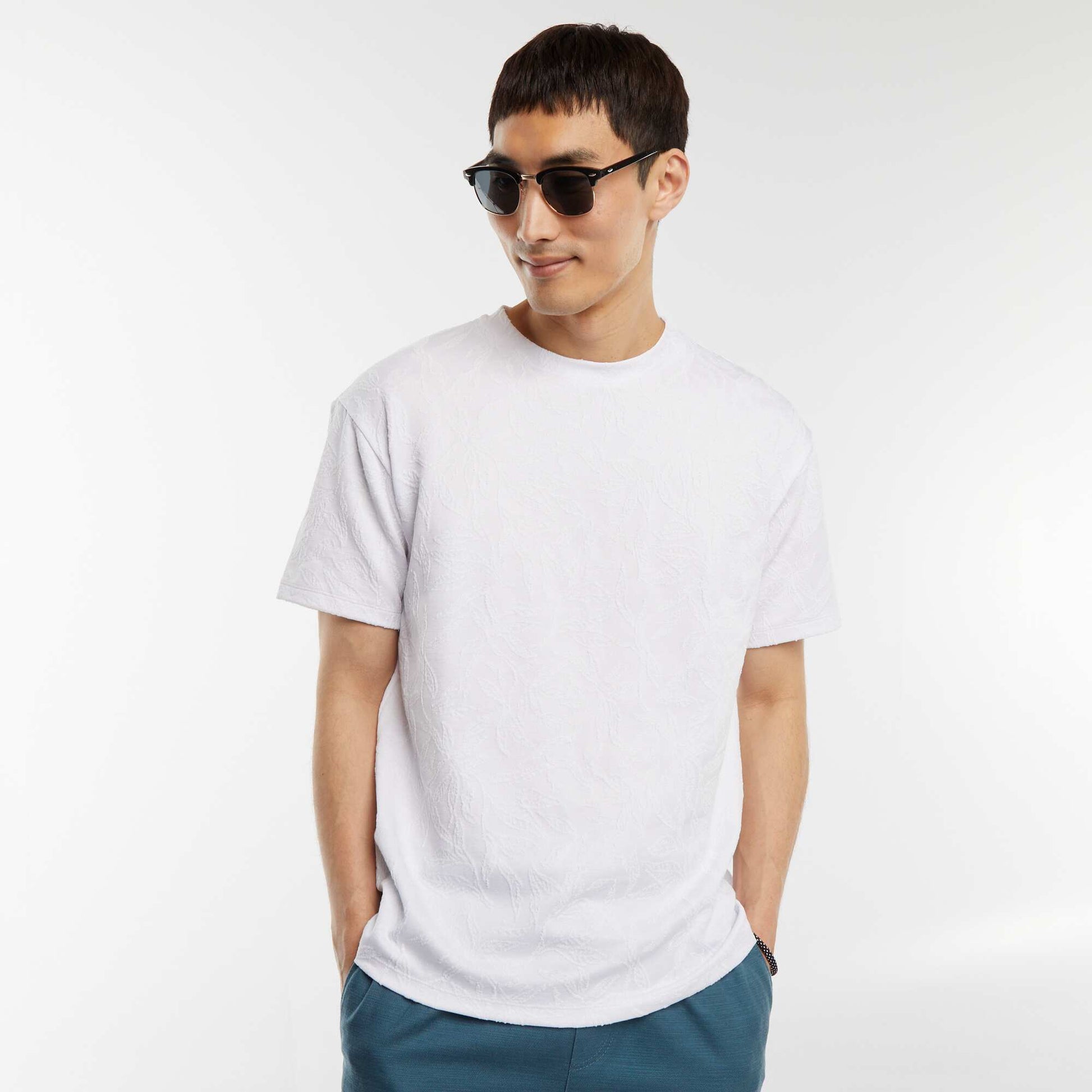 T-shirt jacquard uni à manches courtes BLANC