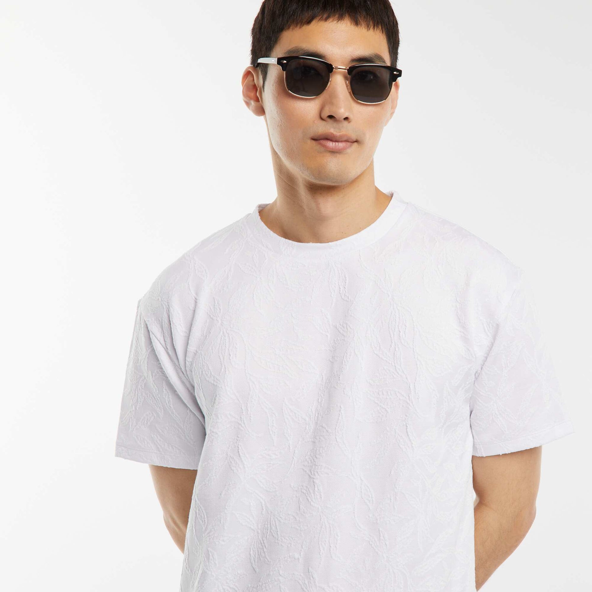 T-shirt jacquard uni à manches courtes BLANC
