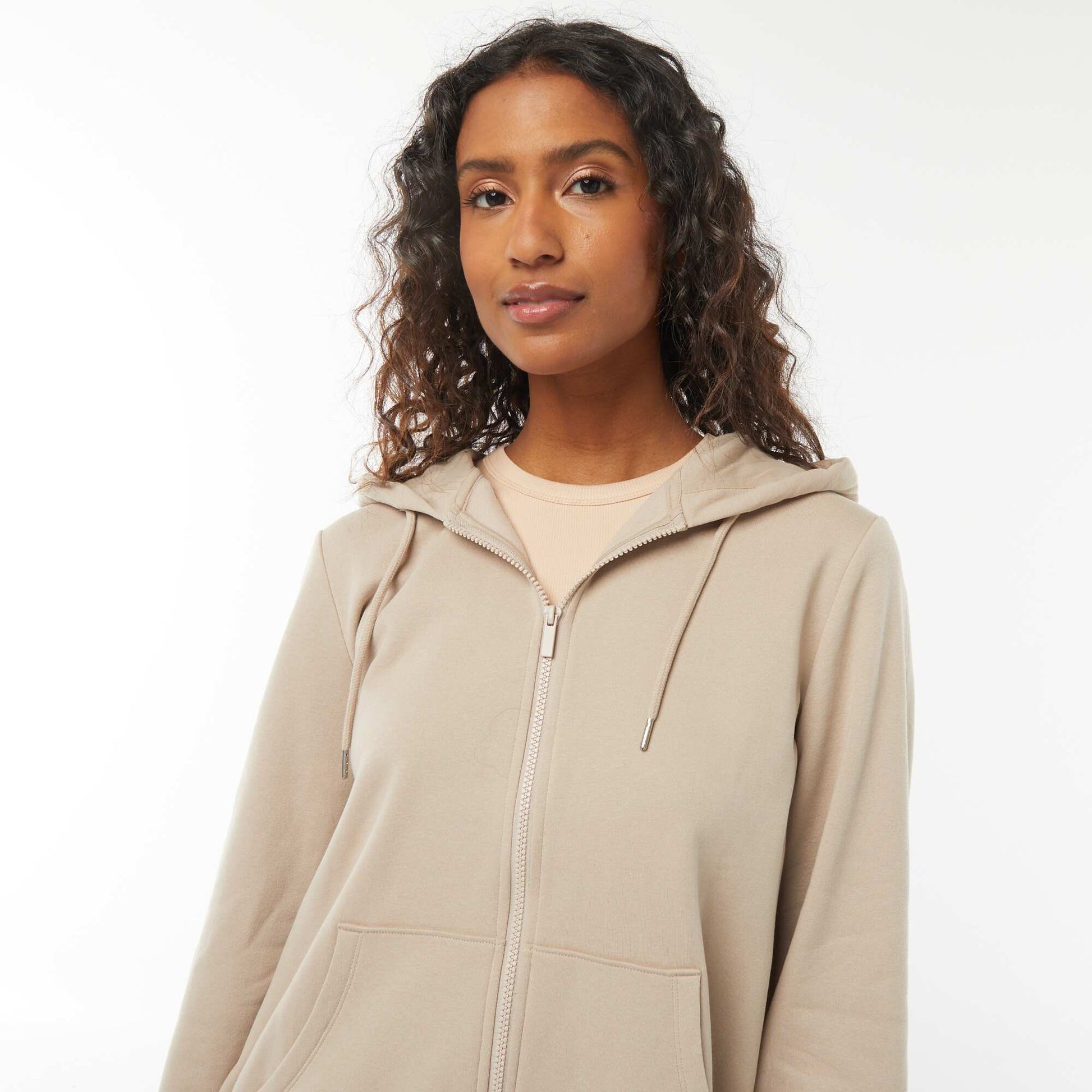 Sweat zippé à capuche basique BEIGE