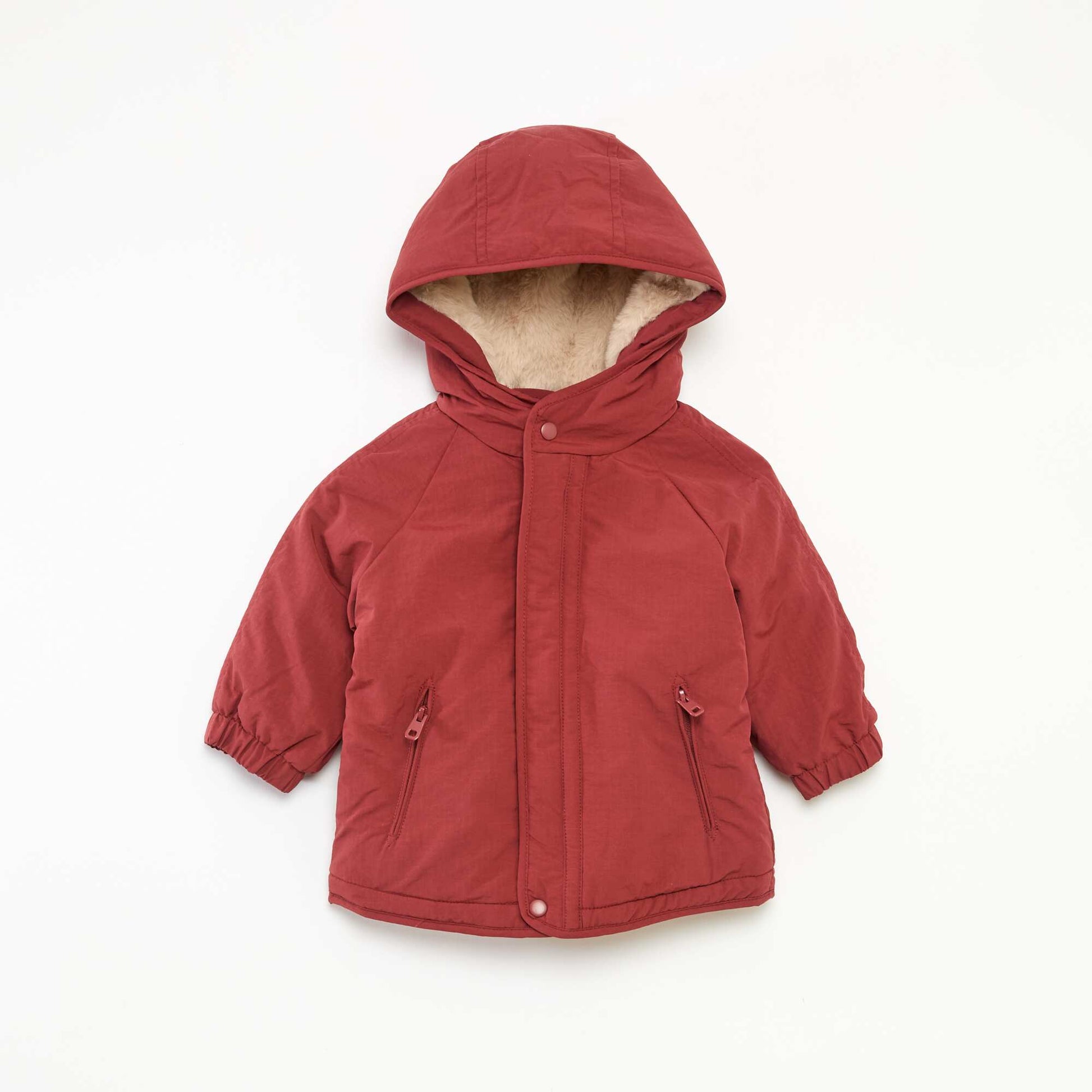 Manteau à capuche doublé fausse fourrure ROUGE