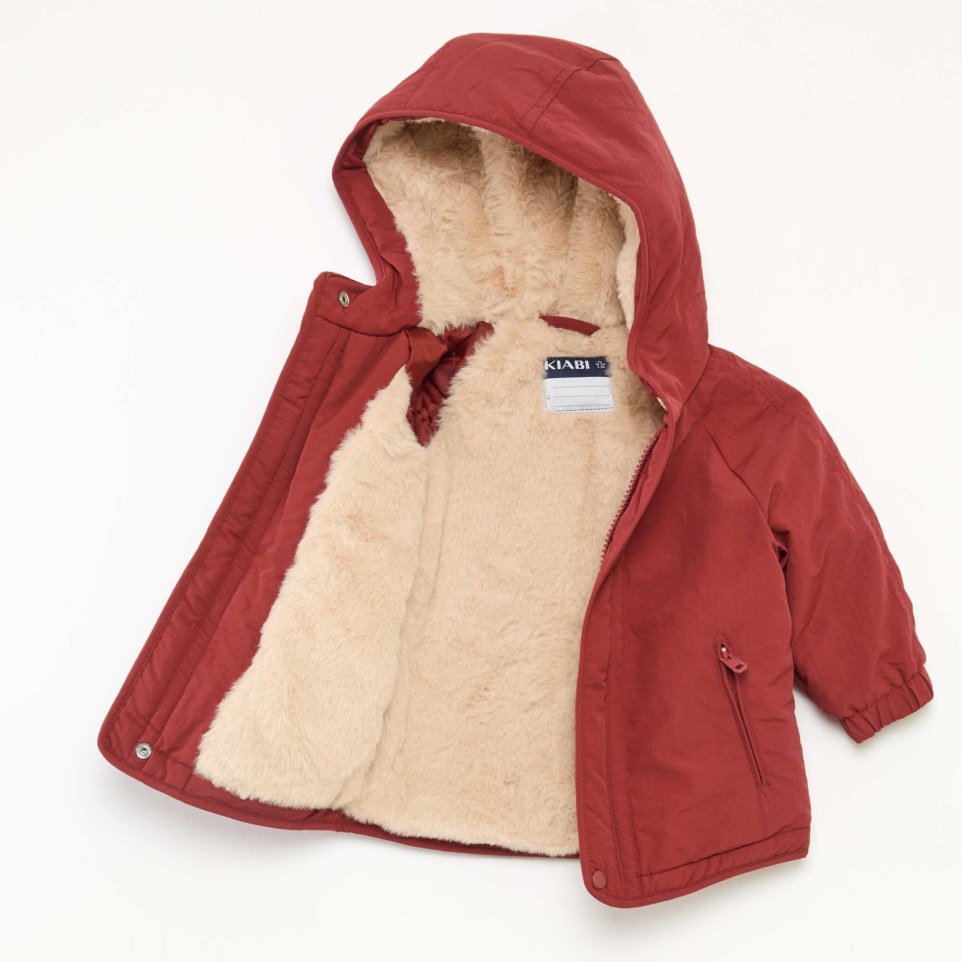 Manteau à capuche doublé fausse fourrure ROUGE