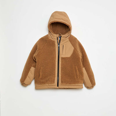 Blouson à capuche bi-matière effet moutonné BEIGE