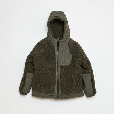 Blouson à capuche bi-matière effet moutonné VERT