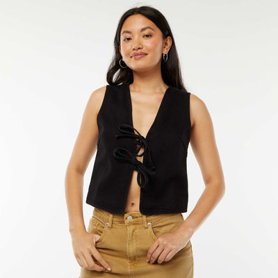 Gilet denim sans manches ouverture nouée NOIR