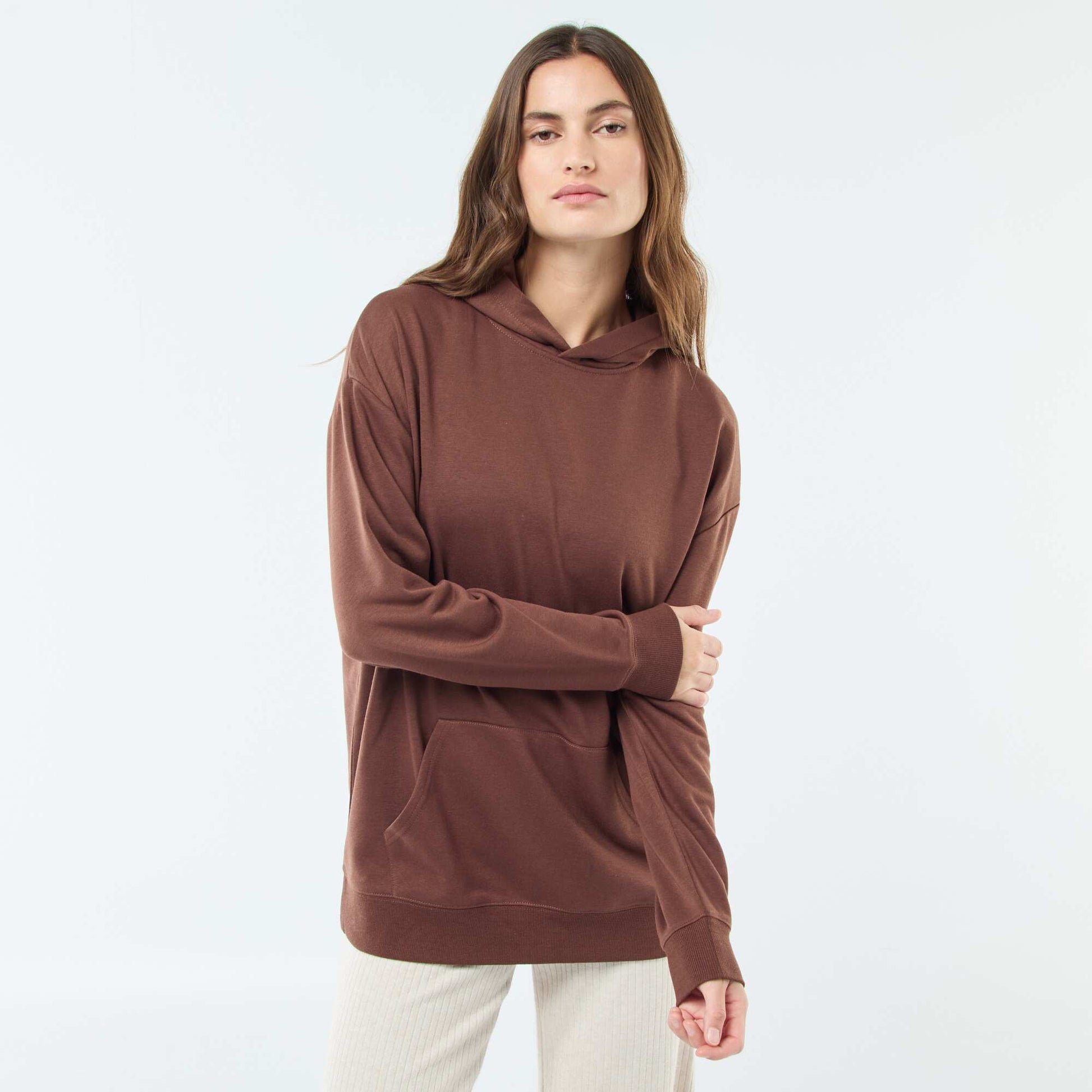 Sweat à capuche uni en coton MARRON