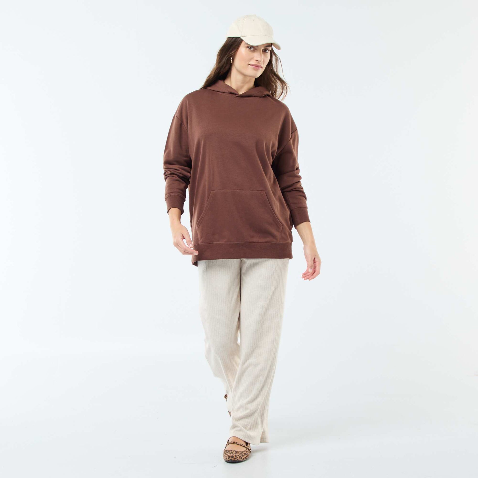 Sweat à capuche uni en coton MARRON