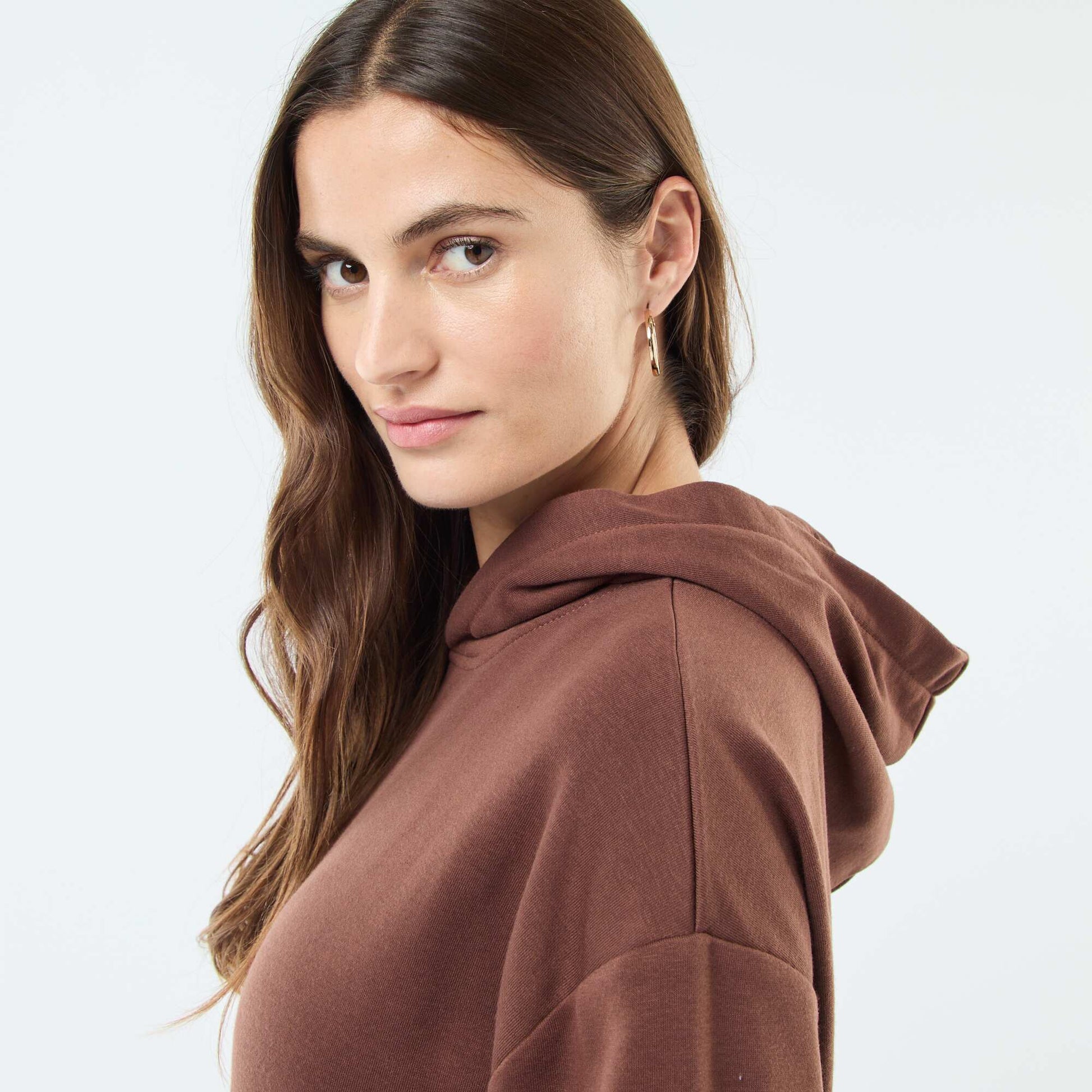 Sweat à capuche uni en coton MARRON