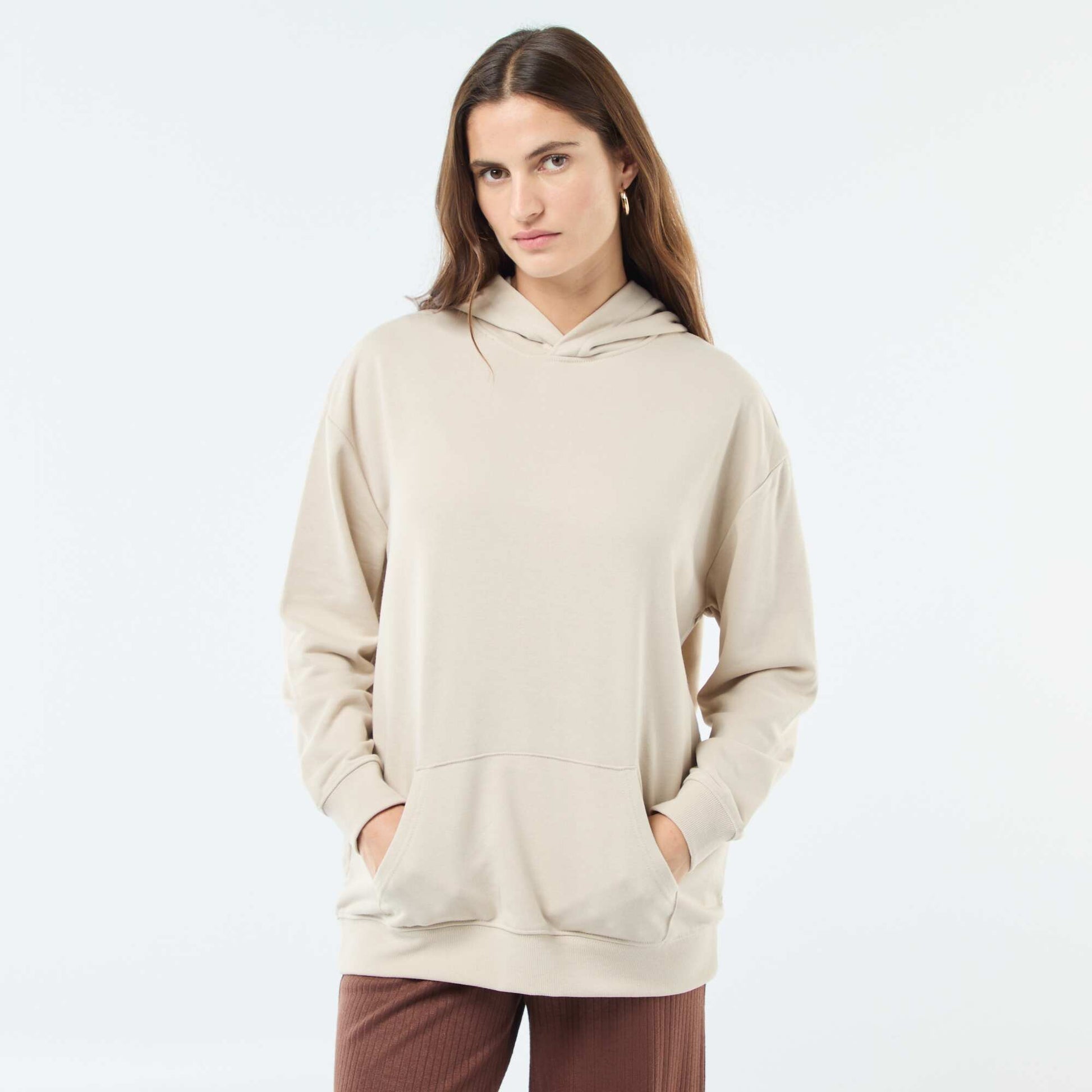 Sweat à capuche uni en coton BEIGE