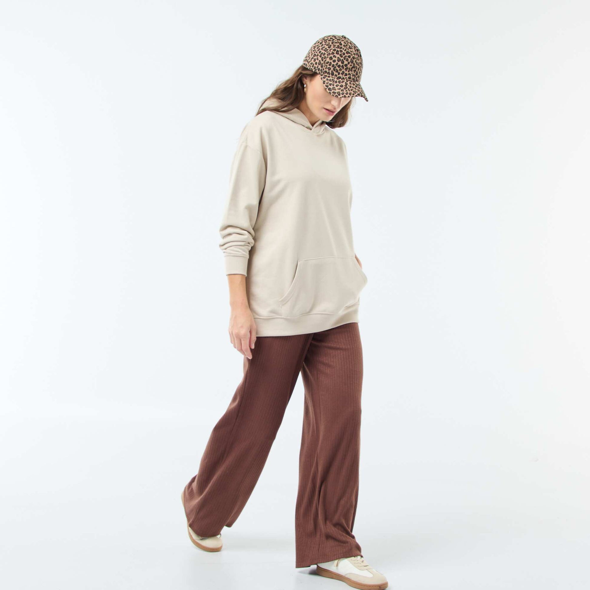 Sweat à capuche uni en coton BEIGE