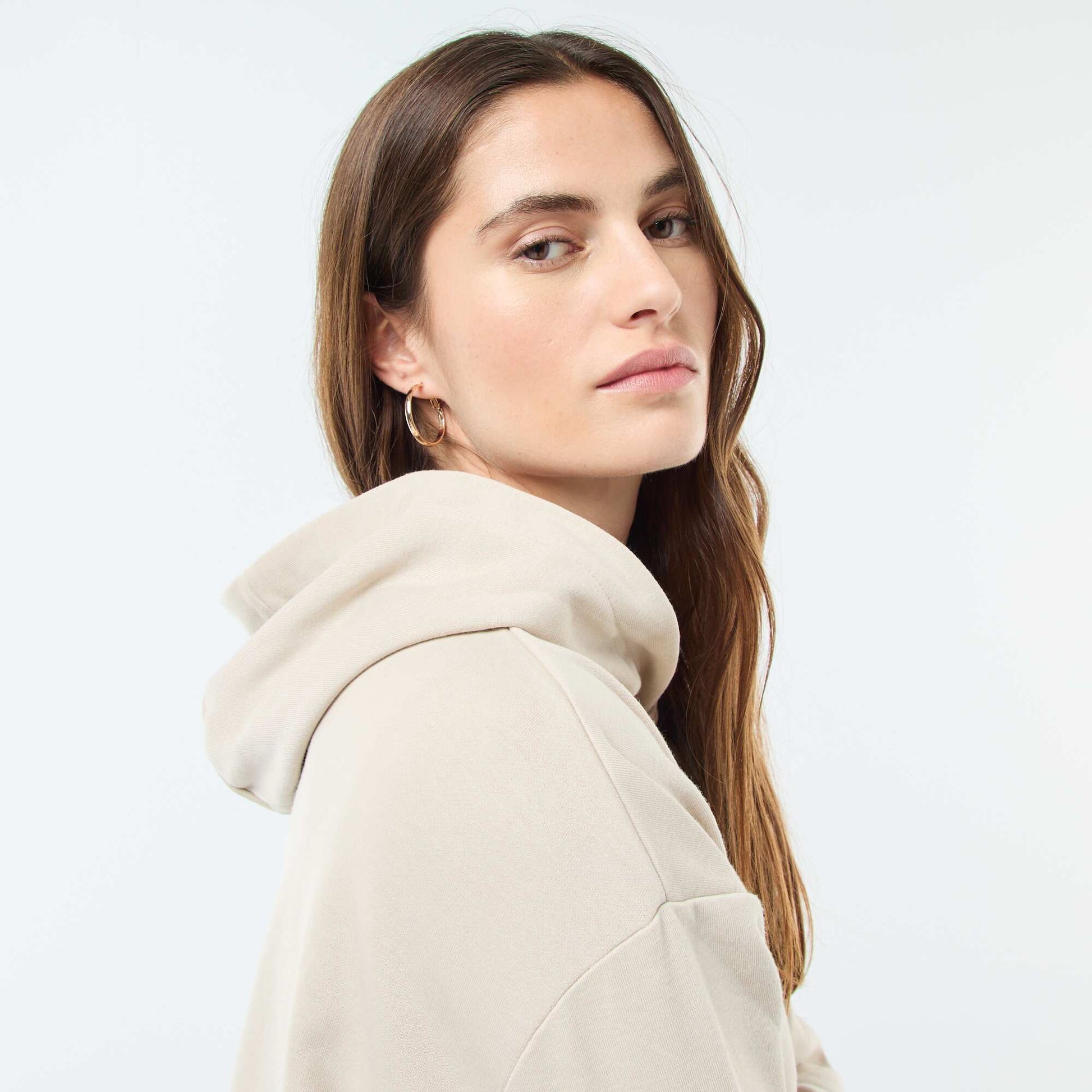 Sweat à capuche uni en coton BEIGE