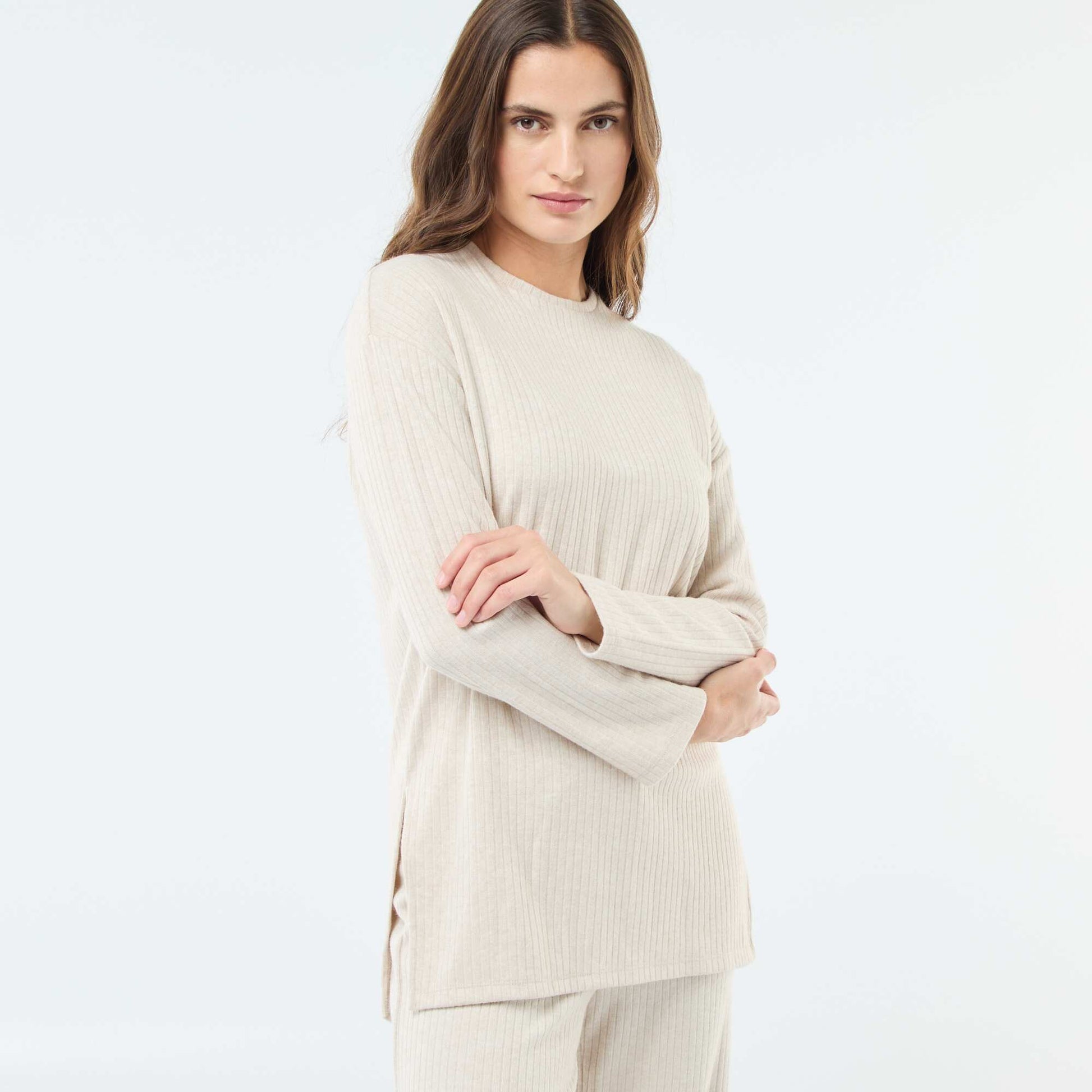 Pull en maille côtelée forme rallongée BEIGE