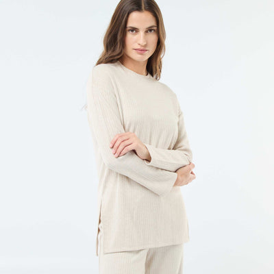Pull en maille côtelée forme rallongée BEIGE