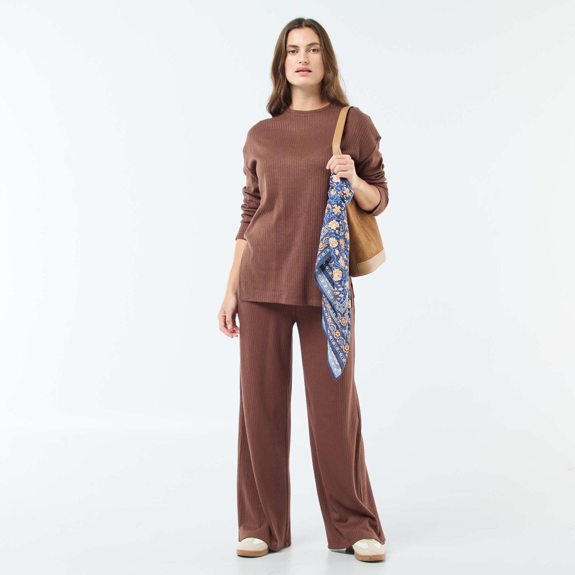 Pantalon large taille haute côtelé MARRON