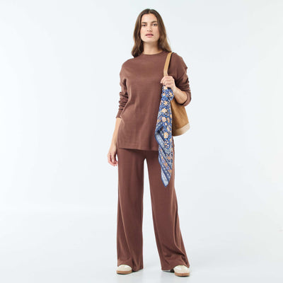 Pantalon large taille haute côtelé MARRON
