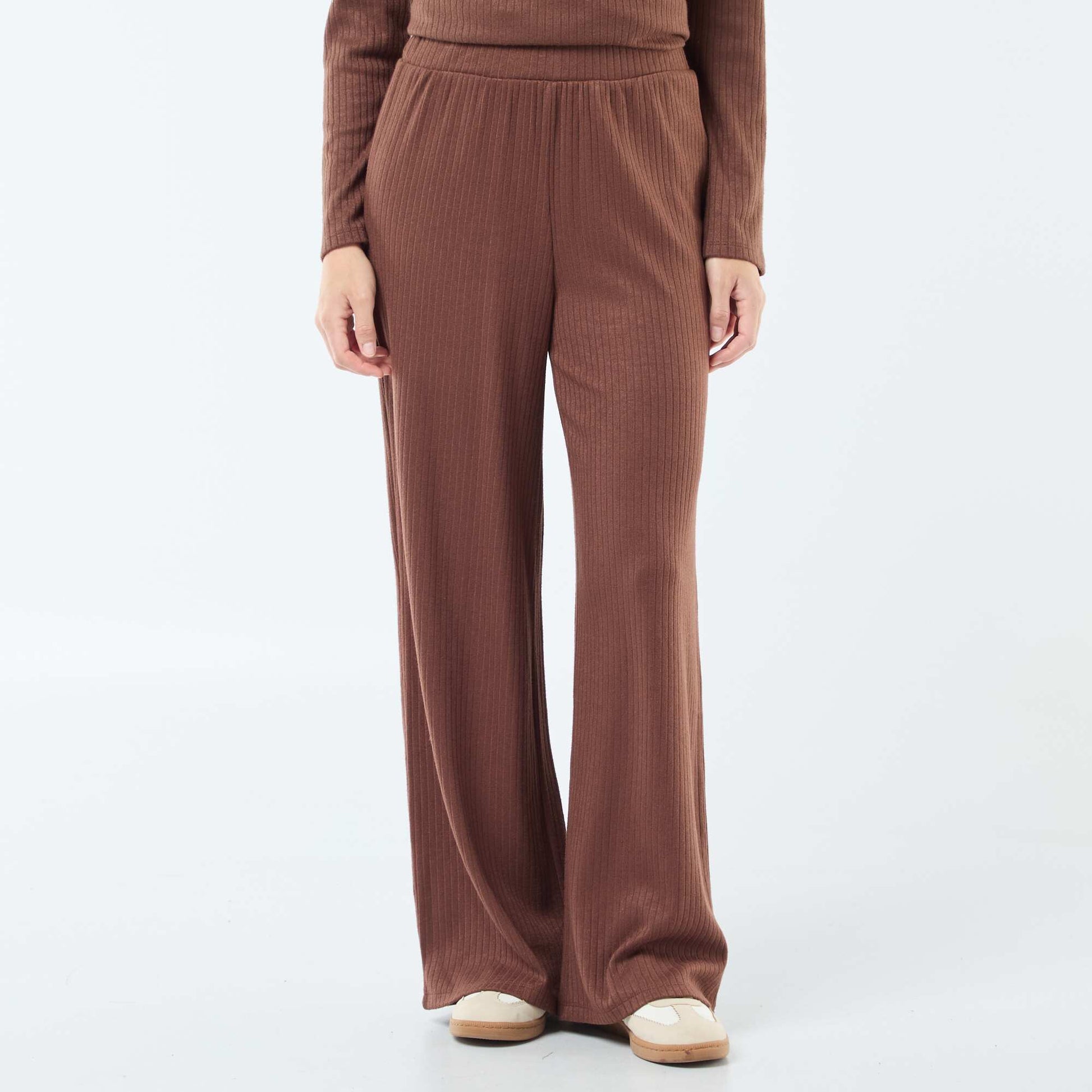 Pantalon large taille haute côtelé MARRON