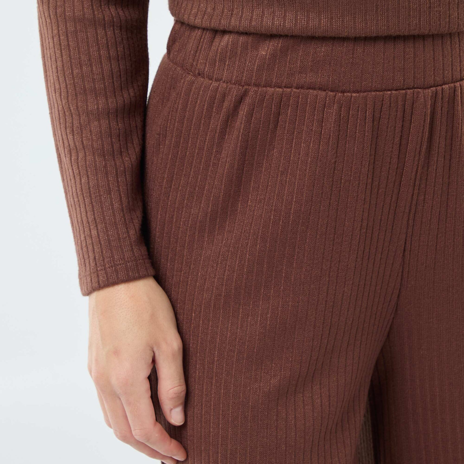 Pantalon large taille haute côtelé MARRON