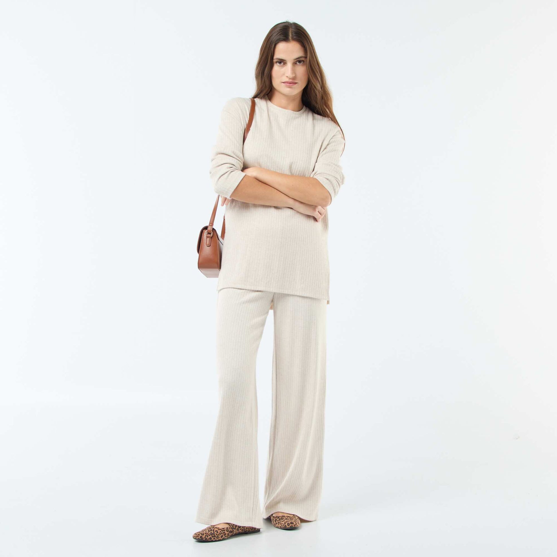 Pantalon large taille haute côtelé BEIGE