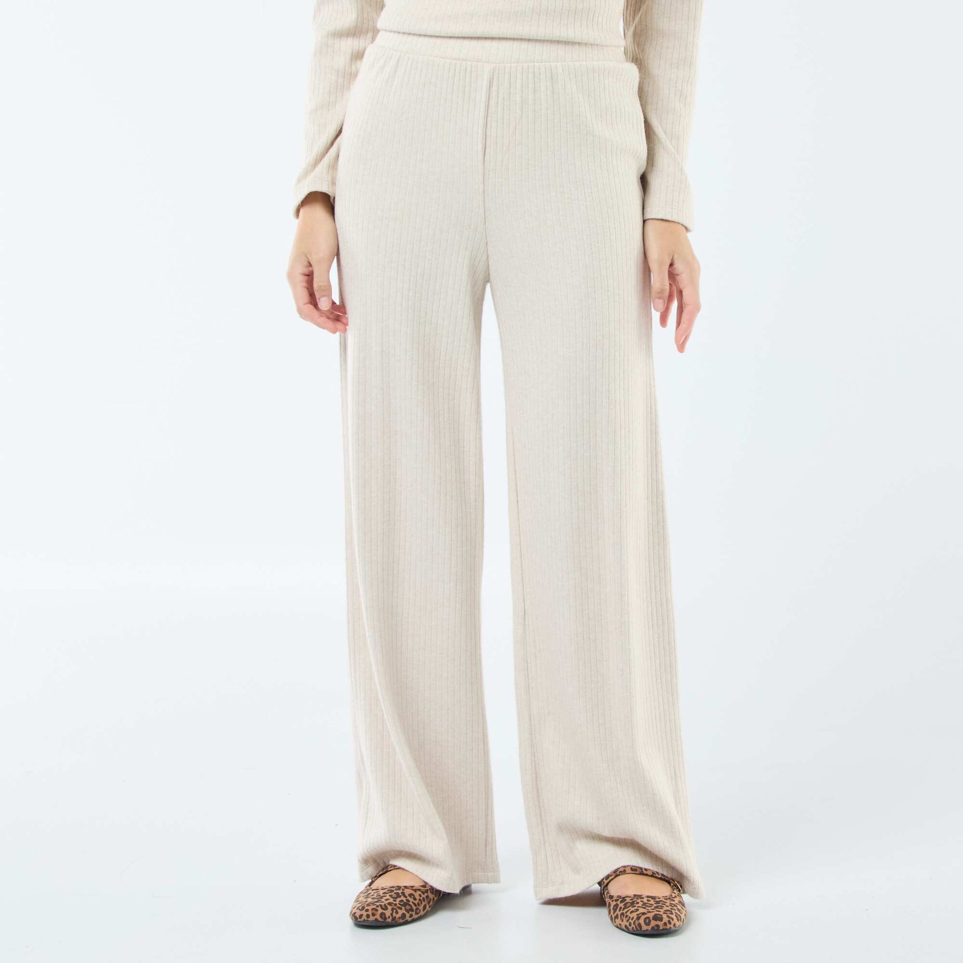 Pantalon large taille haute côtelé BEIGE