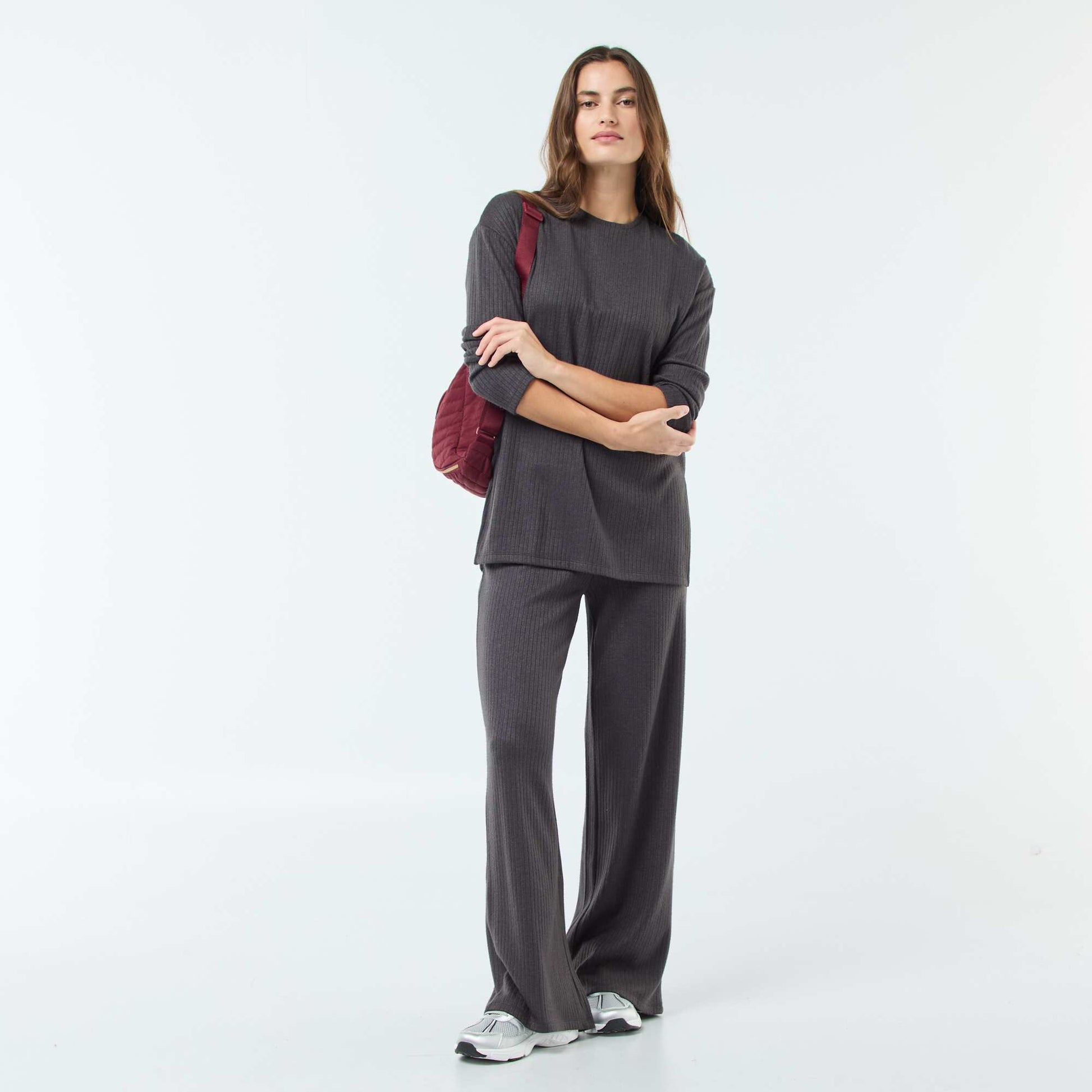 Pantalon large taille haute côtelé GRIS