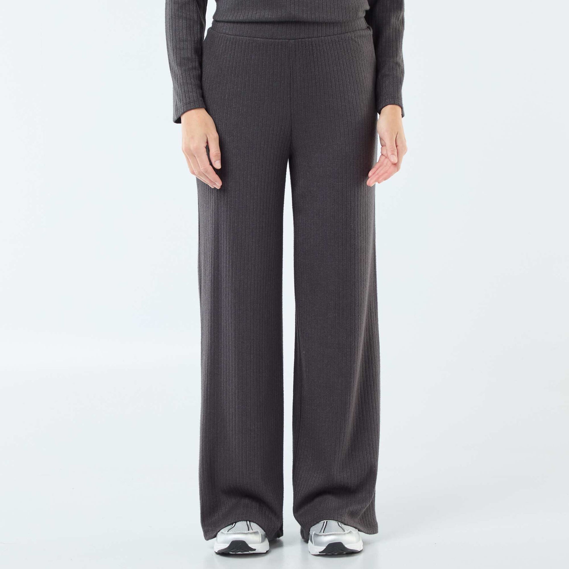 Pantalon large taille haute côtelé GRIS