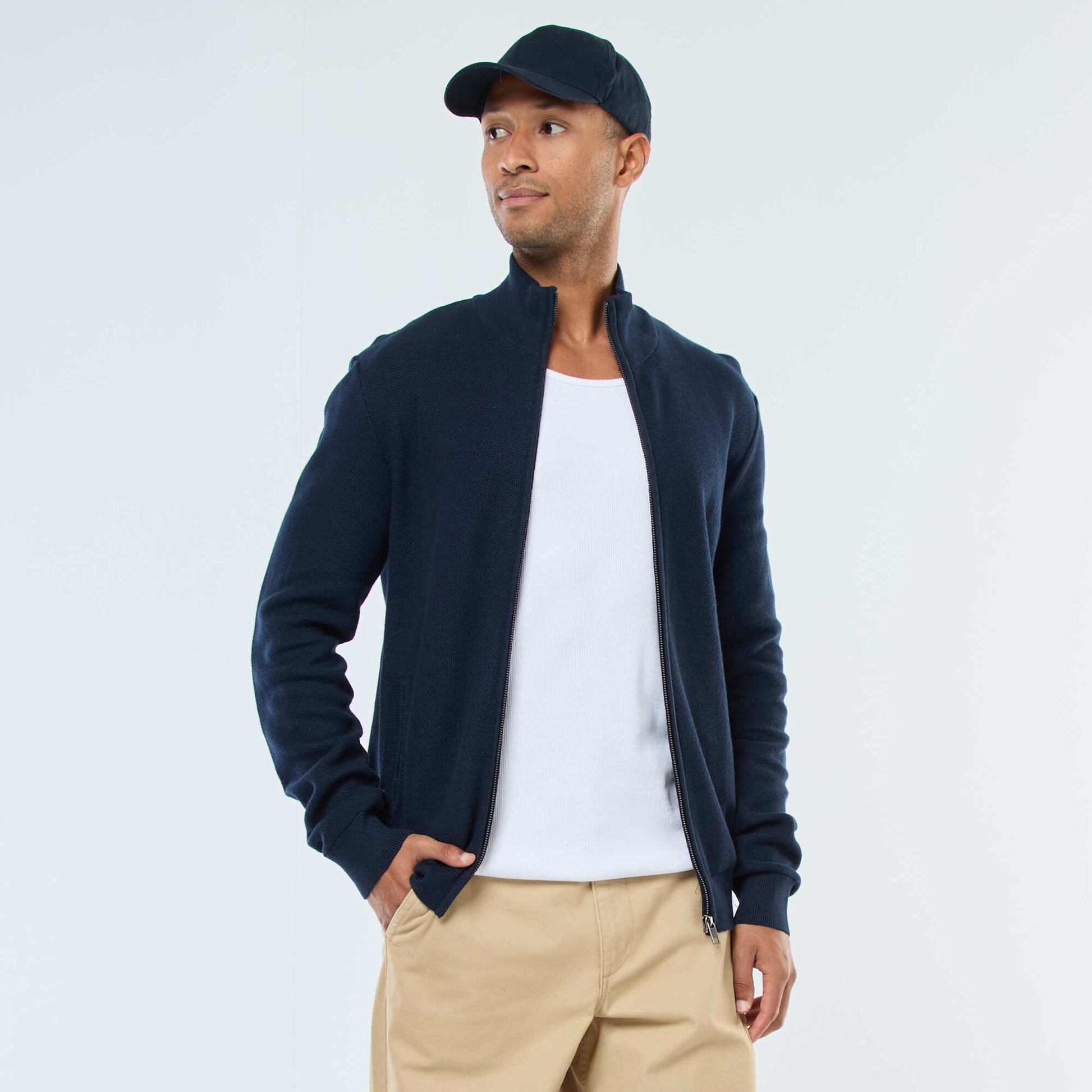 Gilet uni en maille avec 2 poches et col montant BLEU