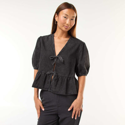 Top gilet en denim avec liens à nouer devant coupe cropped NOIR