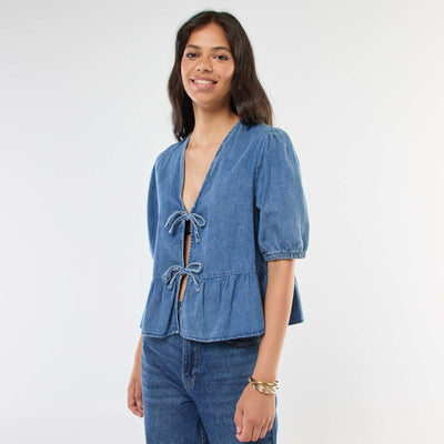 Top gilet en denim avec liens à nouer devant coupe cropped BLEU