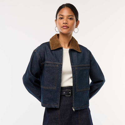 Veste en denim avec col en matière côtelée BLEU