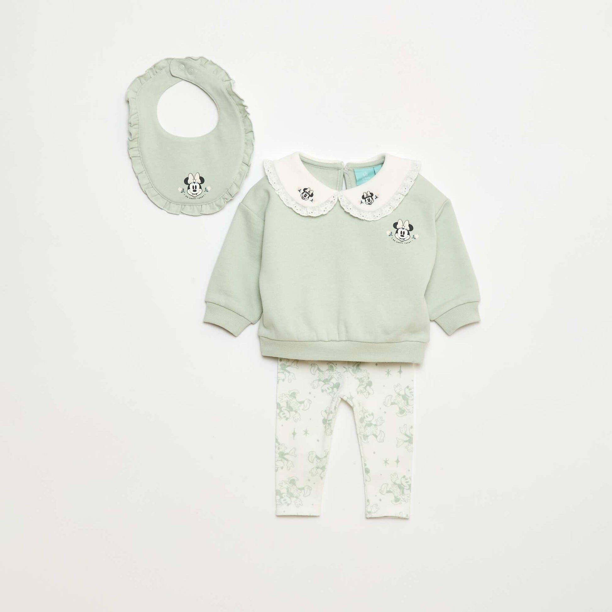 Ensemble jogging sweat + pantalon + bavoir 'Disney' 'Minnie' - 3 pièces VERT