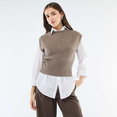 Pull sans manches en maille chaude MARRON