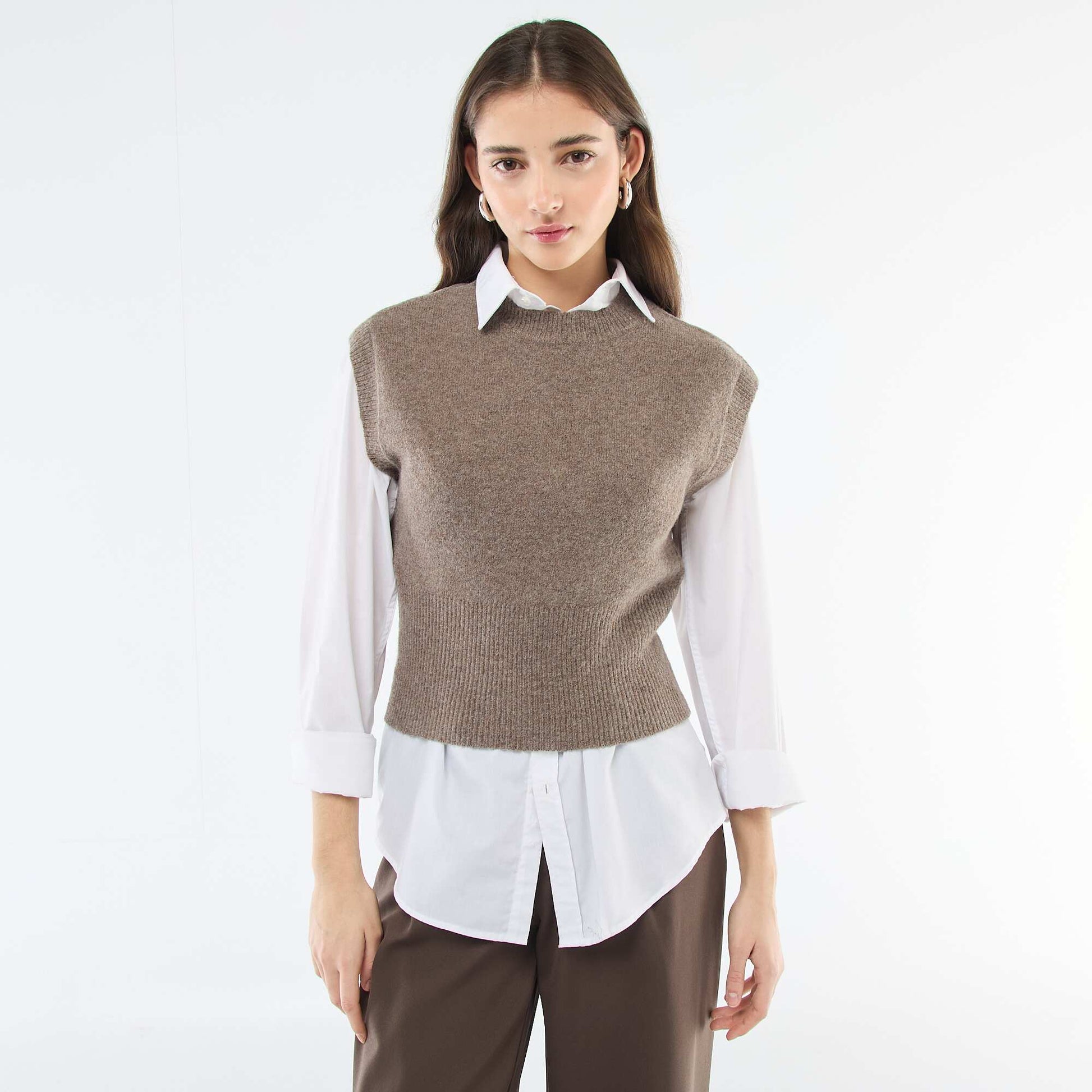 Pull sans manches en maille chaude MARRON