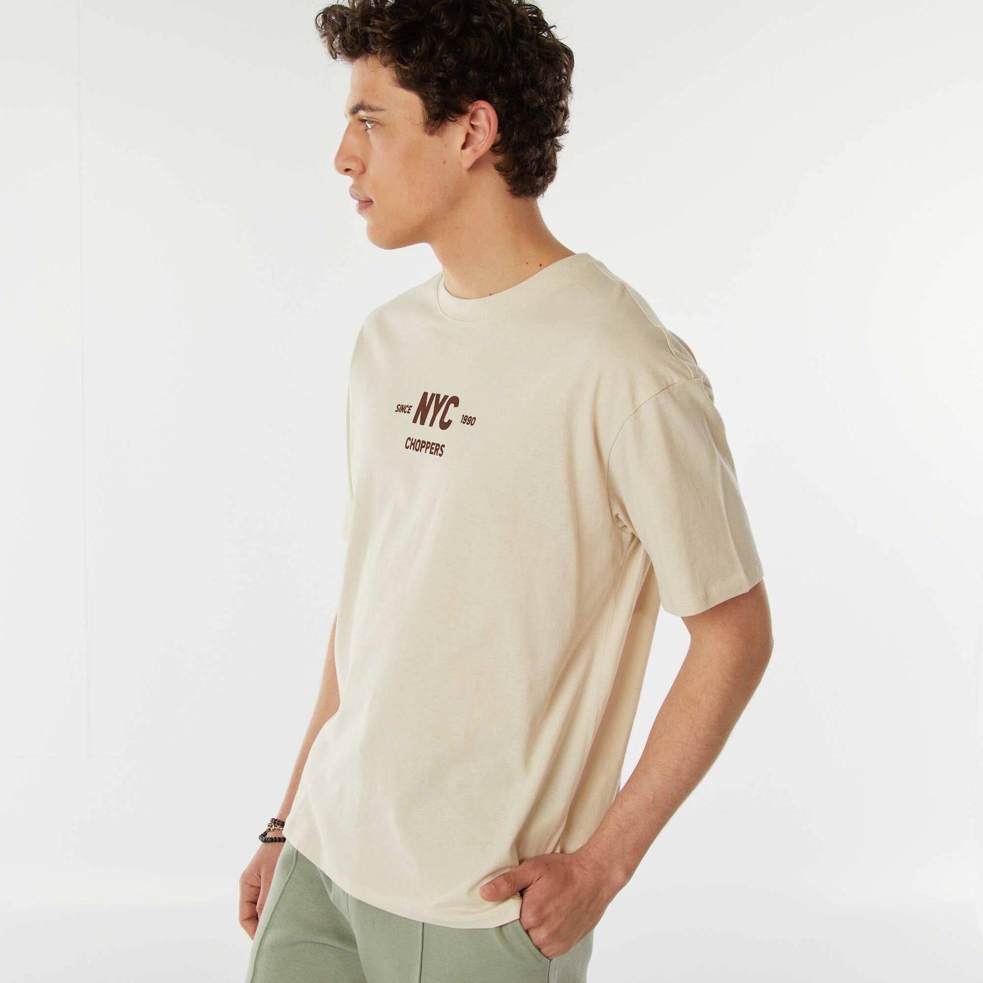 T-shirt imprimé recto-verso manches courtes 'New York' BEIGE