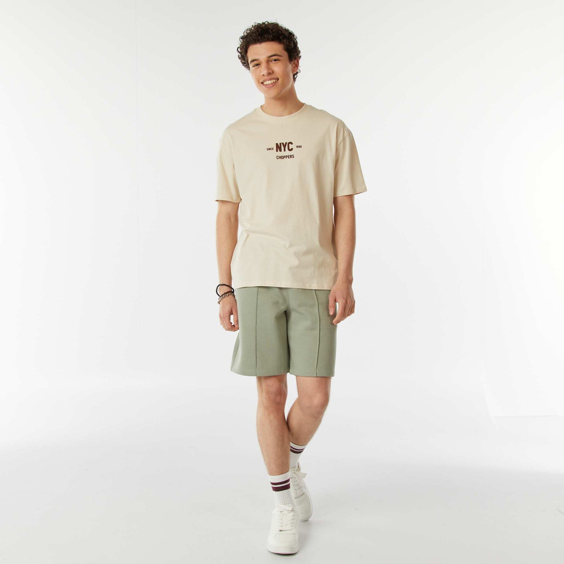 T-shirt imprimé recto-verso manches courtes 'New York' BEIGE