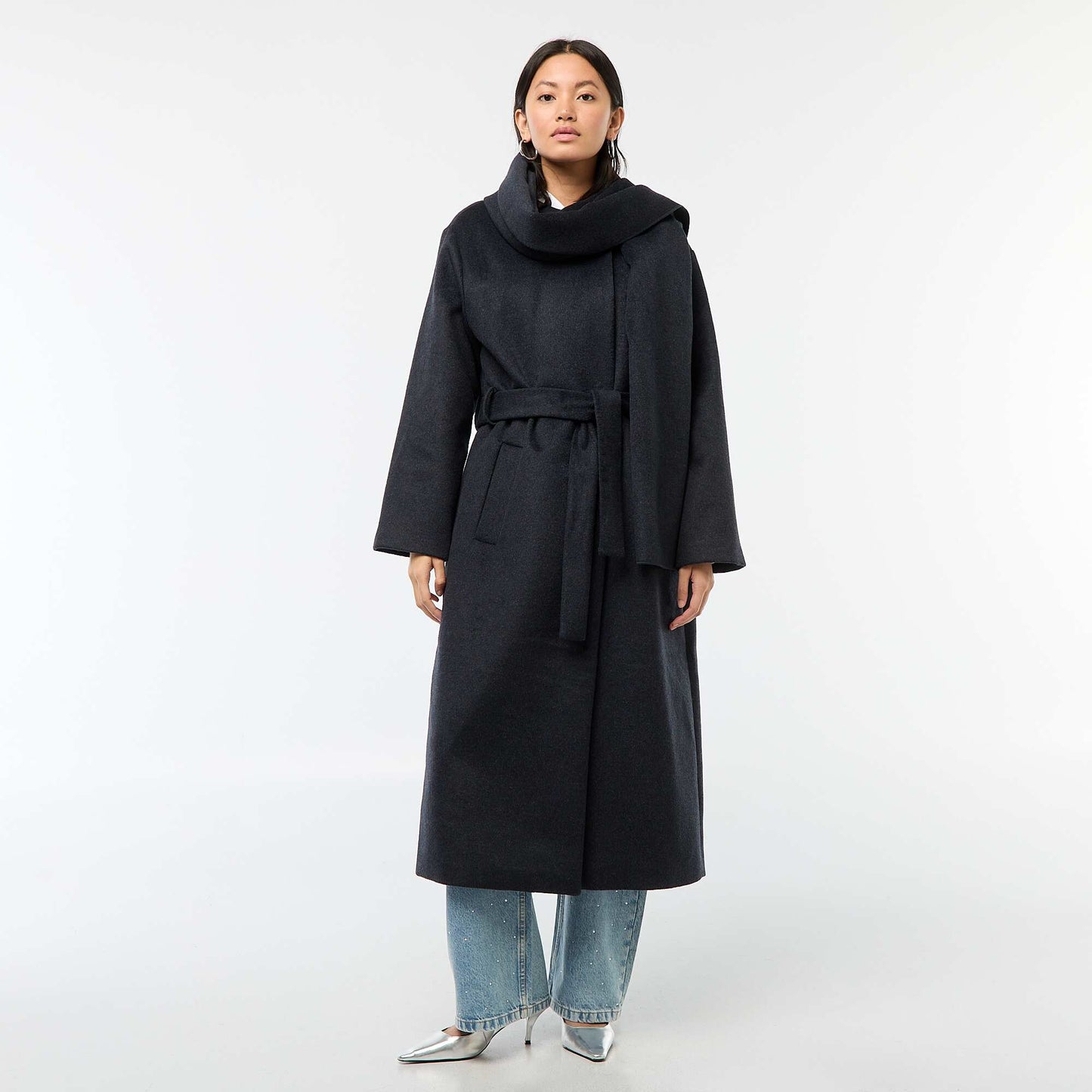 Manteau long façon lainage col rond avec écharpe cousue BLEU