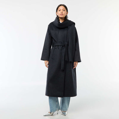 Manteau long façon lainage col rond avec écharpe cousue BLEU