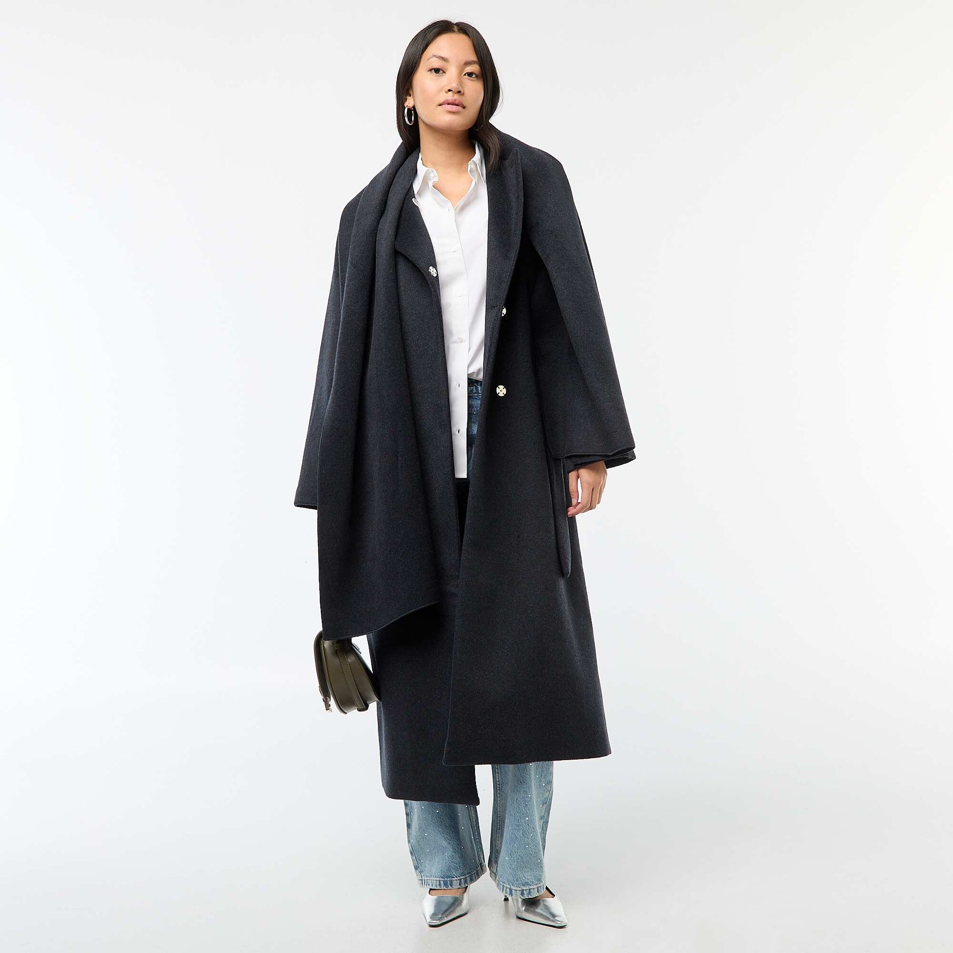 Manteau long façon lainage col rond avec écharpe cousue BLEU