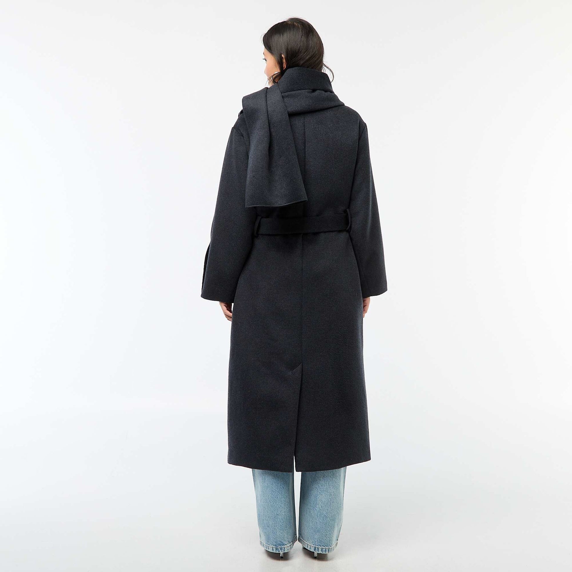 Manteau long façon lainage col rond avec écharpe cousue BLEU