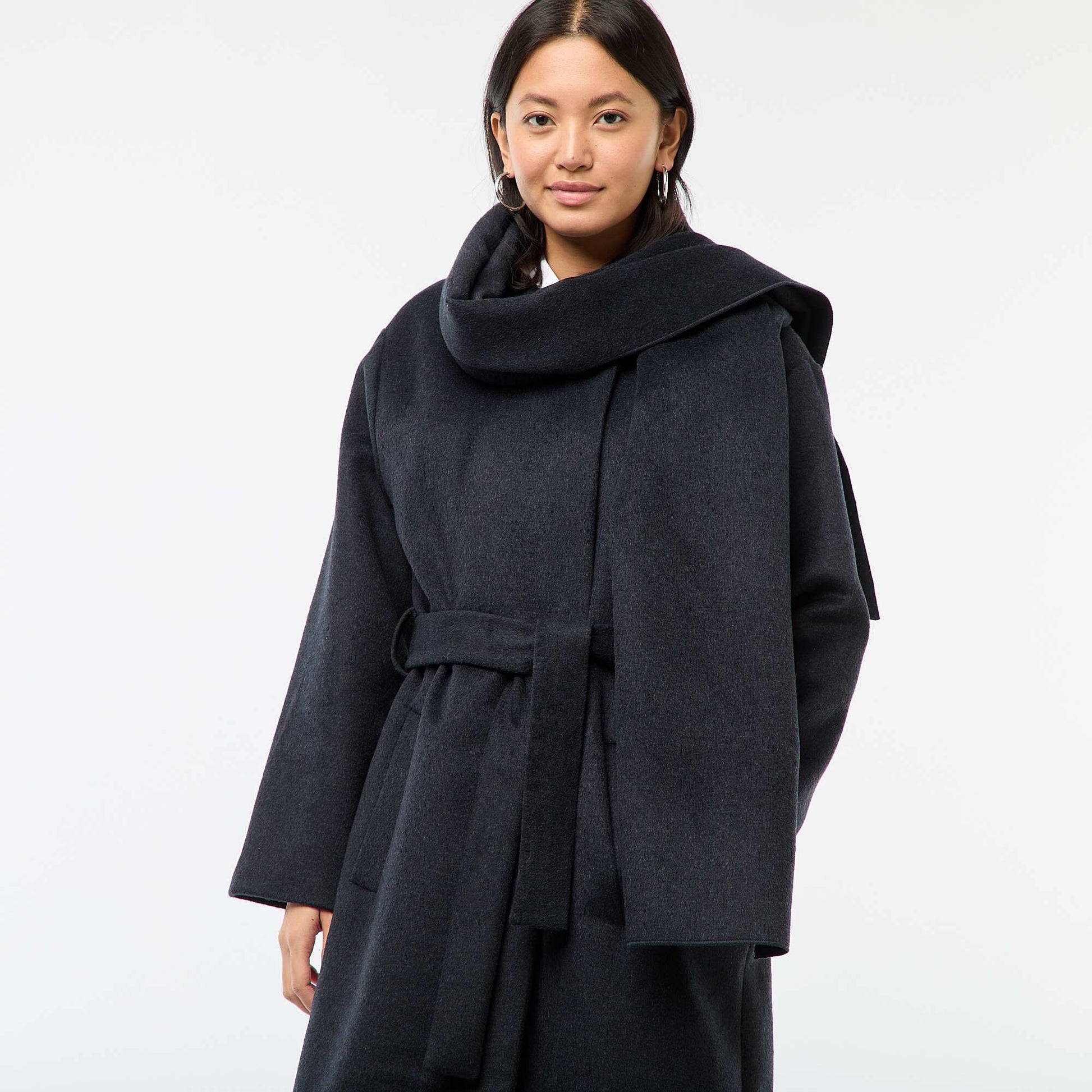 Manteau long façon lainage col rond avec écharpe cousue BLEU