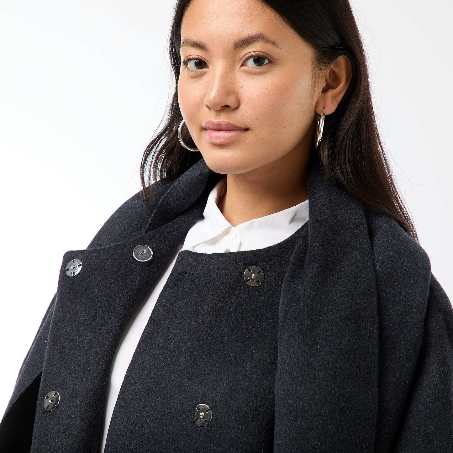 Manteau long façon lainage col rond avec écharpe cousue BLEU