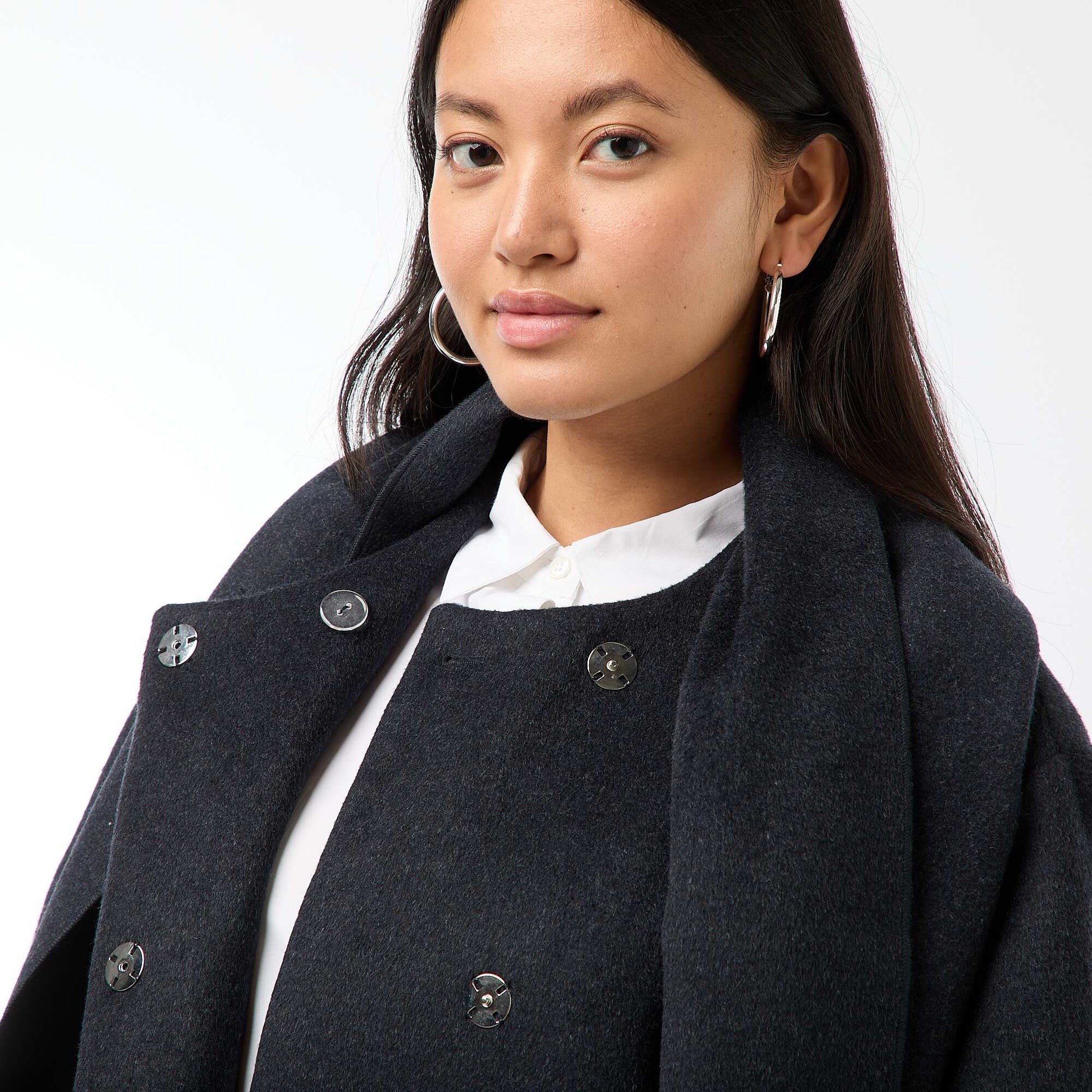 Manteau long façon lainage col rond avec écharpe cousue BLEU