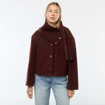 Manteau court en laine avec une écharpe amovible MARRON