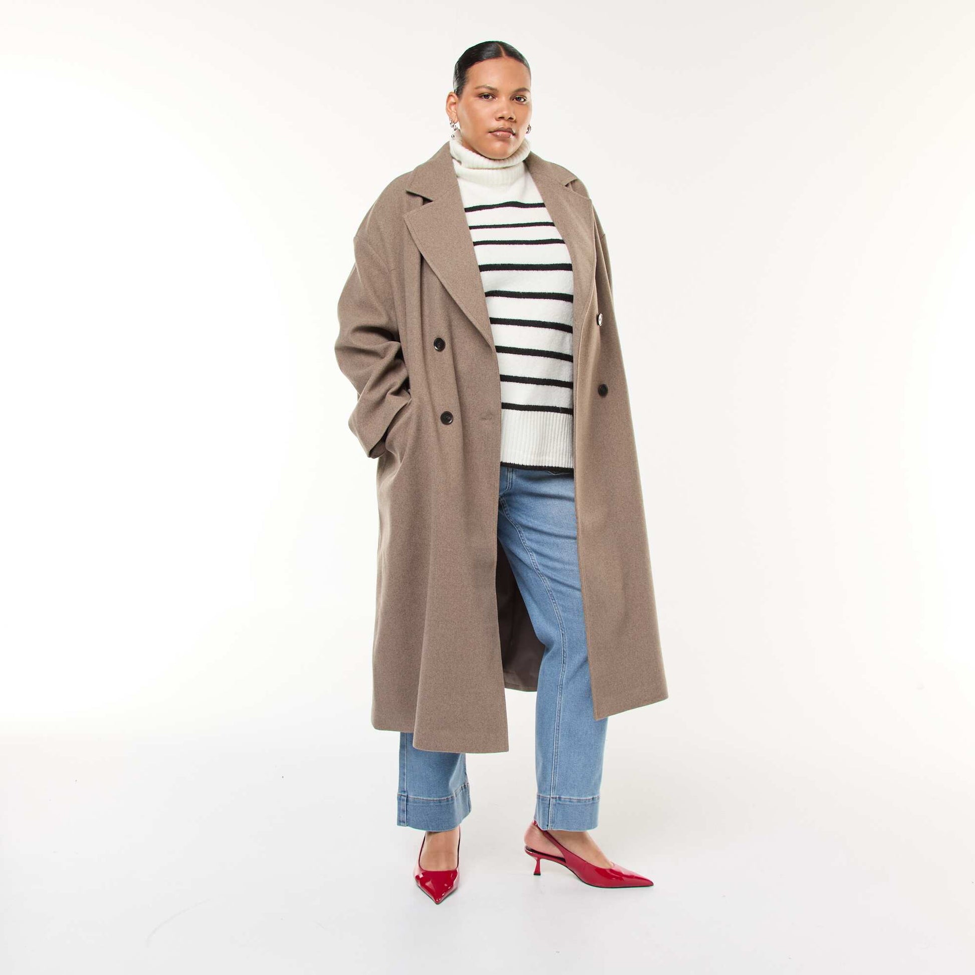 Manteau long faux lainage avec 2 poches à rabat BEIGE