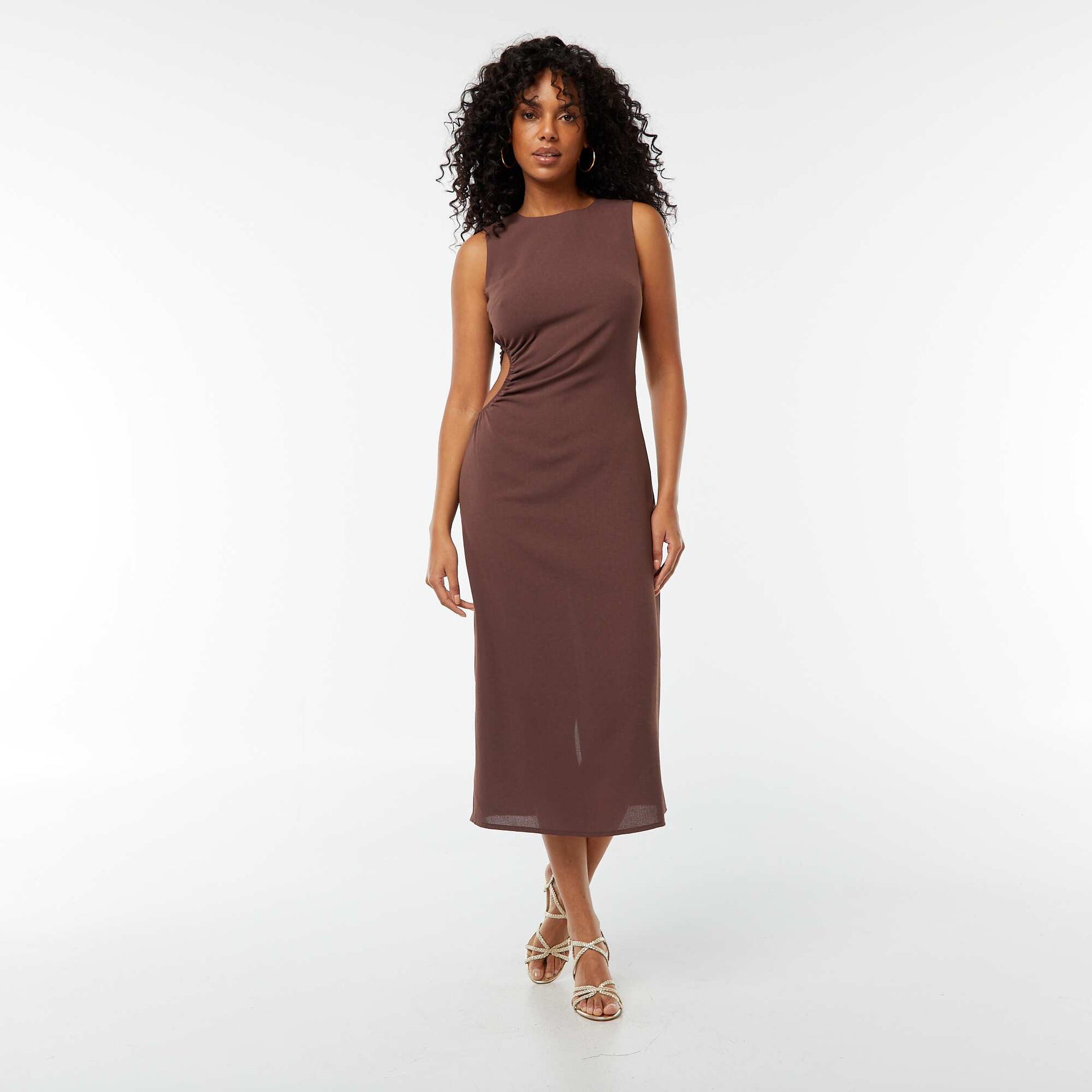 Robe midi sans manches ajourée sur le côté MARRON