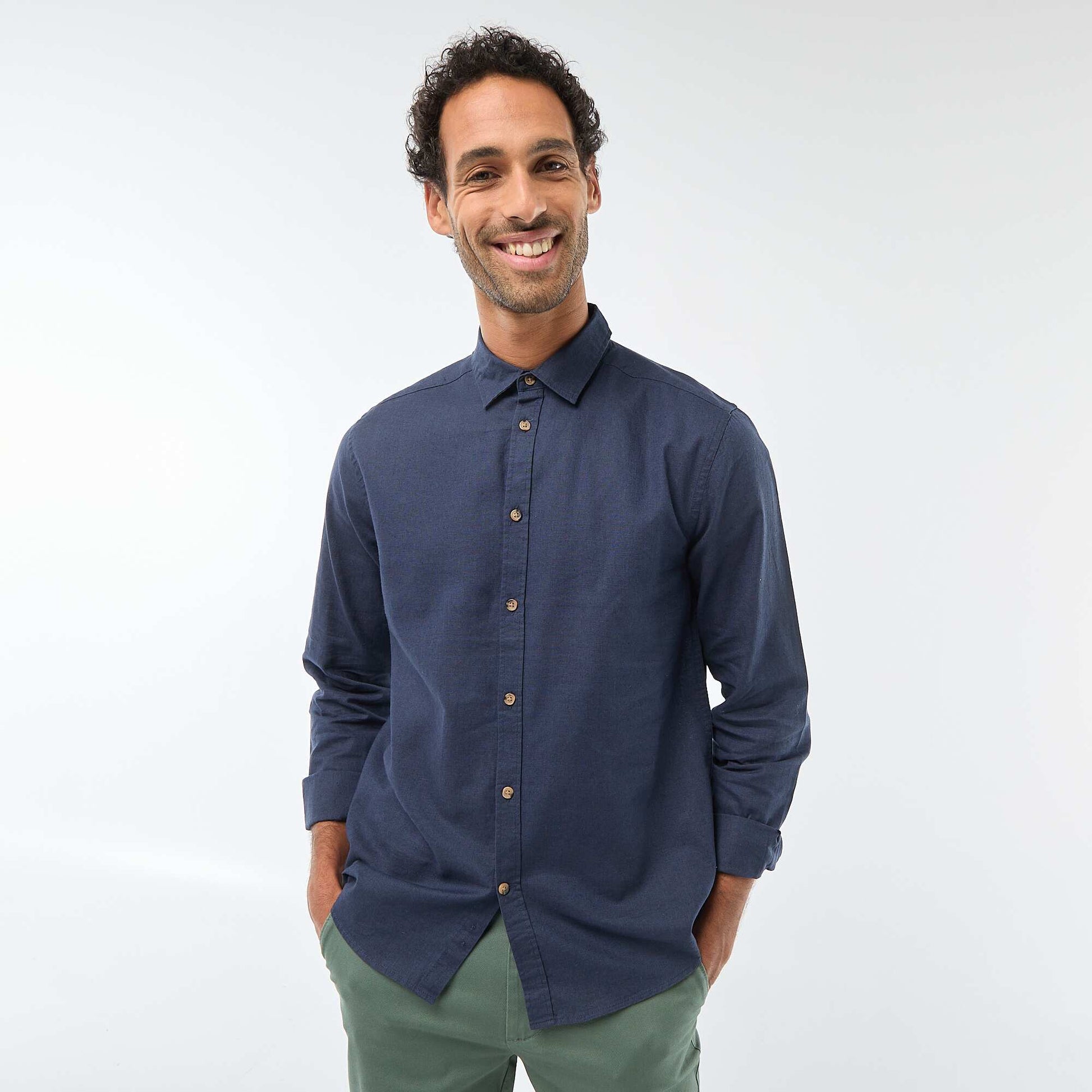 Chemise en lin mélangé unie BLEU
