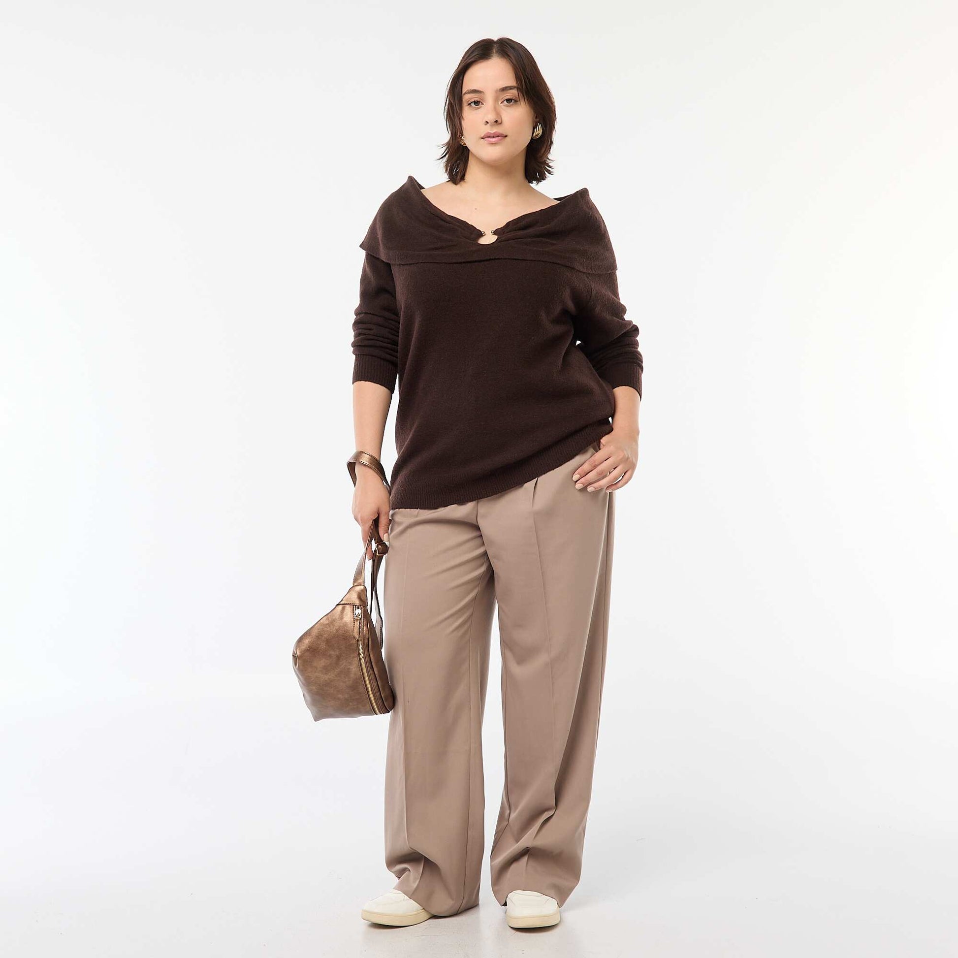 Pull à encolure bardot avec détail poitrine MARRON