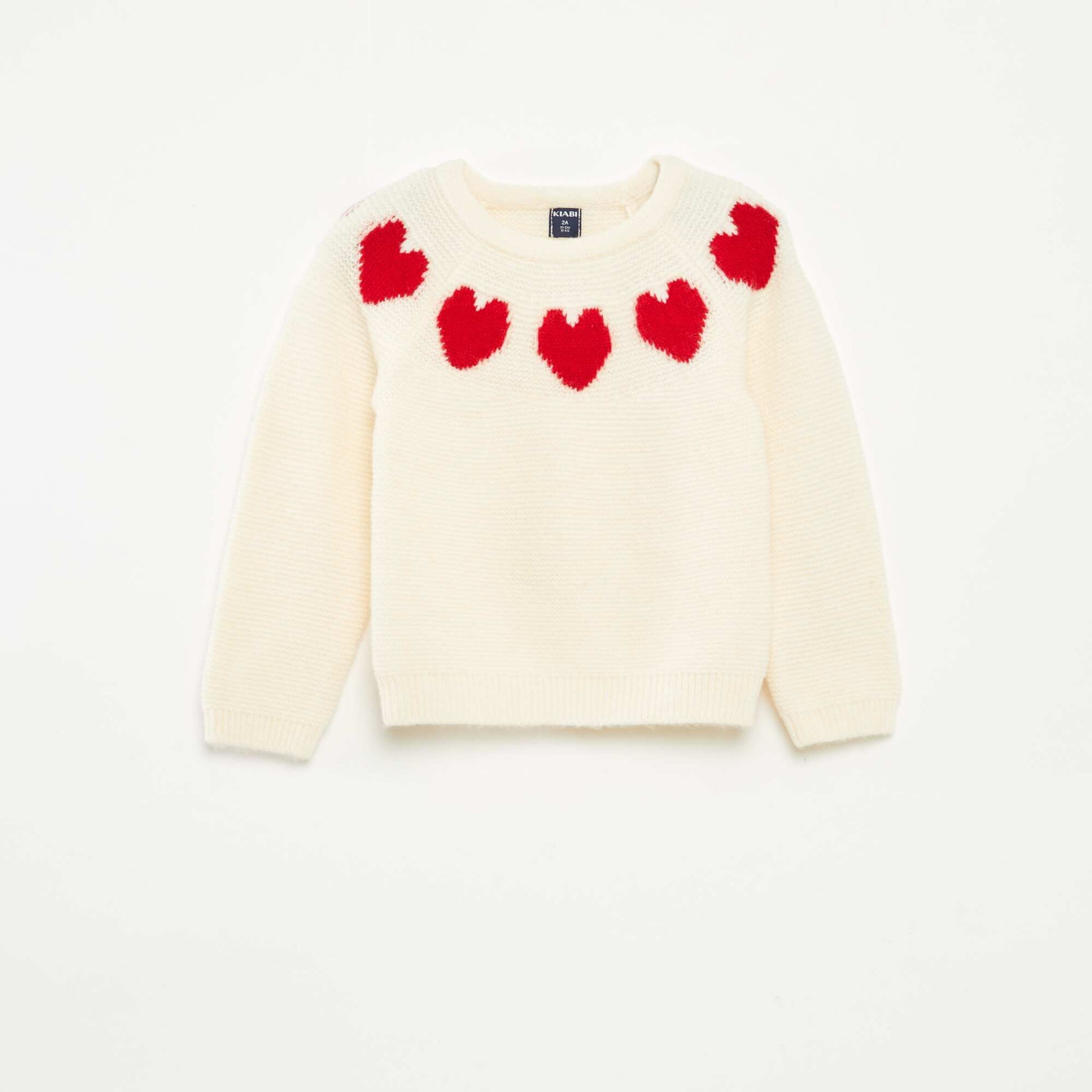 Pull maille jacquard motifs coeurs BLANC